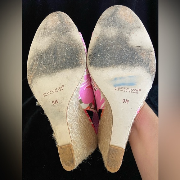 Lilly Pulitzer Espadrille Sling Back Wedge Logo Pink Floral Peep Toe sz 9M - Picture 12 of 13